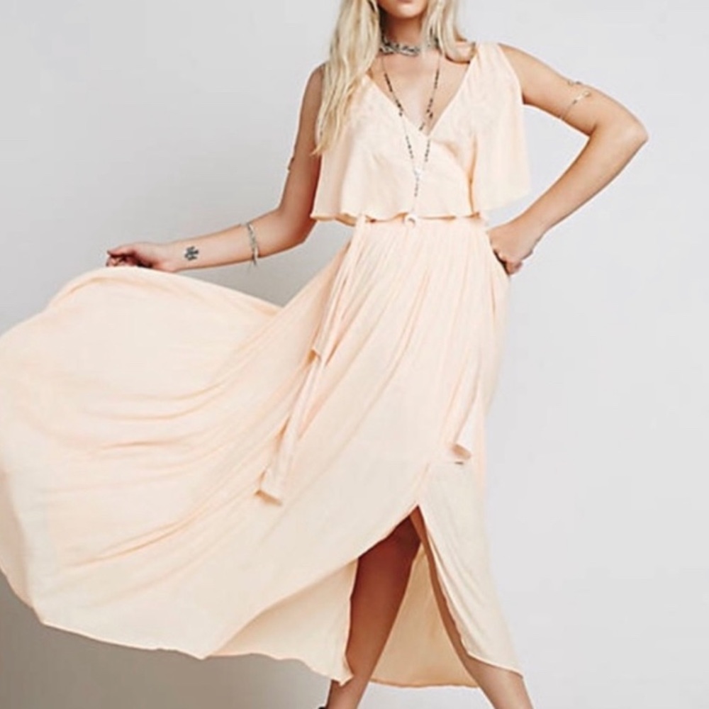 Free People Fiona Embroidered Maxi Wrap Dress Peach Size S
